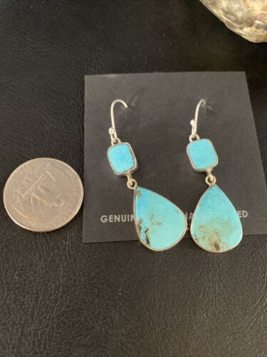 Kingman Turquoise Dangle Earrings | Navajo Sterling Silver | Authentic Native American Handmade | 14078
