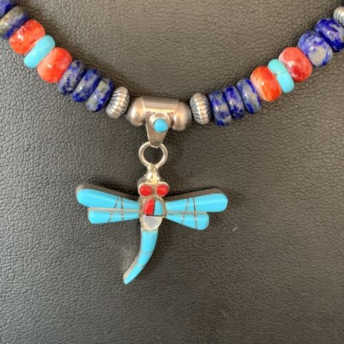 Navajo Dragonfly Pendant | Sterling Silver Turquoise Coral Multi-Color Inlay | Authentic Native American Handmade | 13515