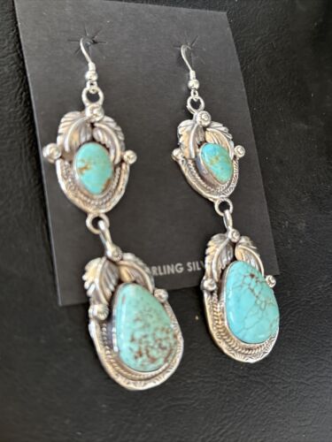 Navajo Blue #8 Turquoise Dangle Earrings | Sterling Silver | Authentic Native American Handmade | 14345
