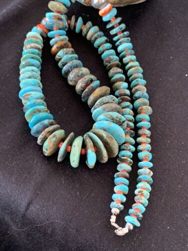 Navajo Natural Blue Turquoise & Spiny Oyster Necklace | Sterling Sliver | Graduated | Authentic Native American | 28" | 330