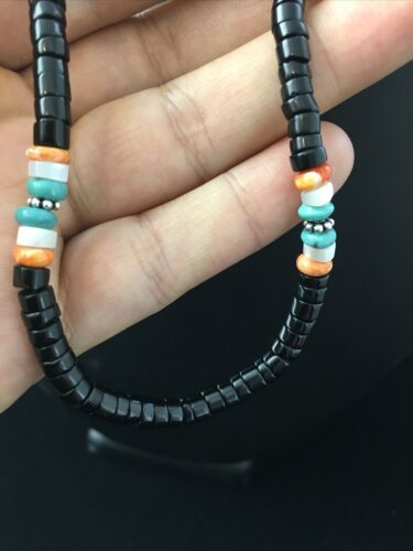 Navajo Black Onyx Turquoise Necklace | Sterling Silver | 18" | Authentic Native American Handmade | 10001