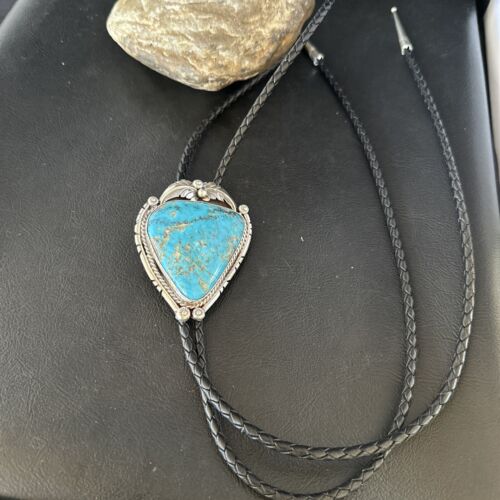 Navajo Blue Kingman Turquoise Bolo Tie | Sterling Silver | Authentic Native American Handmade | 14254