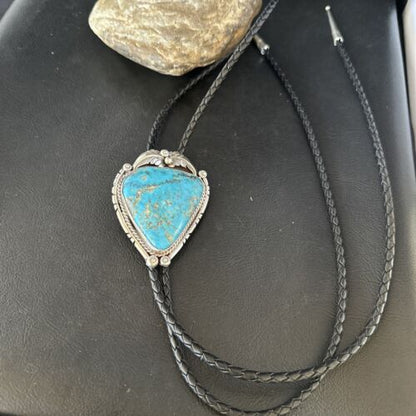 Navajo Blue Kingman Turquoise Bolo Tie | Sterling Silver | Authentic Native American Handmade | 14254