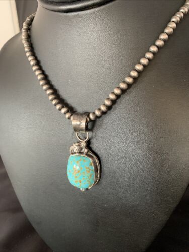 Men's Blue Turquoise #8 Necklace Pendant | Sterling Silver Navajo Pearls | Native American Handmade | 13765