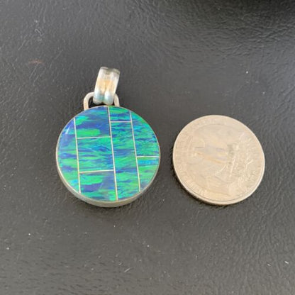 Authentic Native American Navajo Sterling Silver Blue Fire Opal Inlay Pendant | Handmade Jewelry | 13143