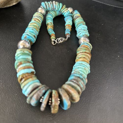 Navajo Blue Green Turquoise Bead Necklace | Sterling Silver | Authentic Native American | 20" | 14238