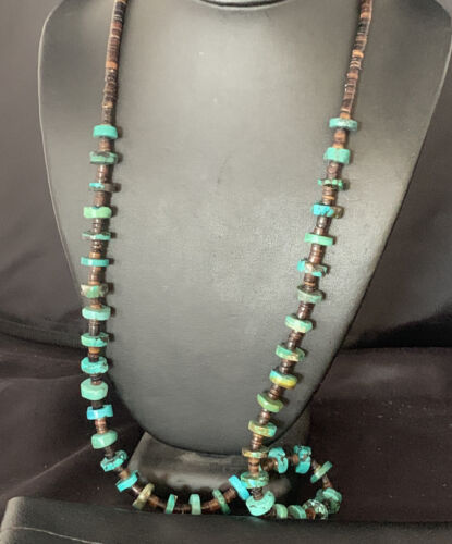 Native American Navajo Turquoise Shell Heishi Bead Necklace | Sterling Silver | 30" | 00762