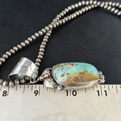 Navajo Pearls Sterling Silver Necklace with Blue Turquoise #8 Pendant | Authentic Native American Handmade | 14809
