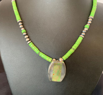 Navajo Green Gaspeite Turquoise Pendant | Sterling Silver | Authentic Native American Handmade | 12345