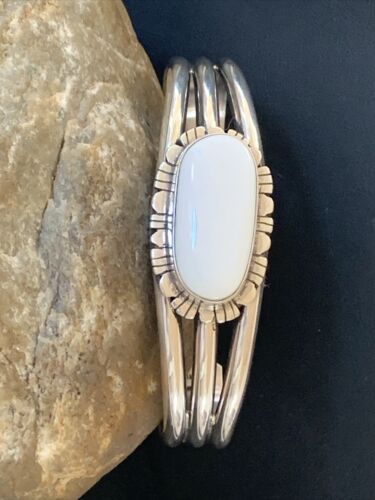 Navajo White Buffalo Turquoise Cuff Bracelet | Sterling Silver | Authentic Native American Handmade | 1423