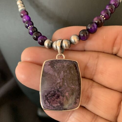 Navajo Pearls Purple Sugilite Onyx Necklace Pendant | Sterling Silver | Authentic Native American Handmade | 13395