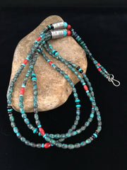 Navajo Blue Spiderweb Turquoise Coral Necklace | Sterling Silver | 3-Strand 29" | 1722