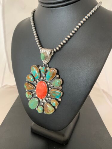 Navajo Royston Turquoise Spiny Oyster Multi-Stone Cluster Necklace | Authentic Native American Sterling Silver XL Pendant | 3237