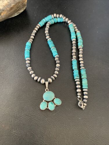 Navajo Pearl Necklace with Blue Cluster Turquoise Pendant | Sterling Silver | 12498