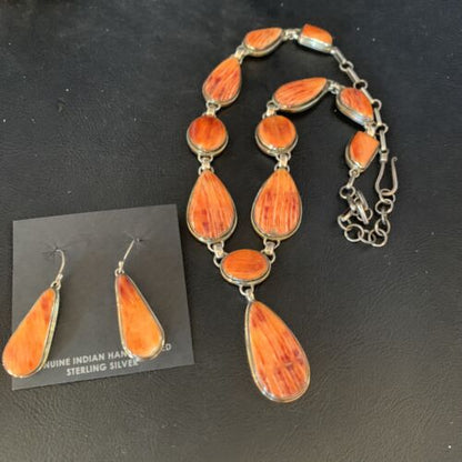 Navajo Lariat Necklace with Orange Spiny Oyster Earrings | Sterling Silver Pendant | 20" | Authentic Native American Handmade | 13882