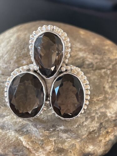 Navajo Smokey Quartz Cluster Ring | Authentic Native American Sterling Silver | Multi-Stone | Sz 8 | 11451 - Masha USA