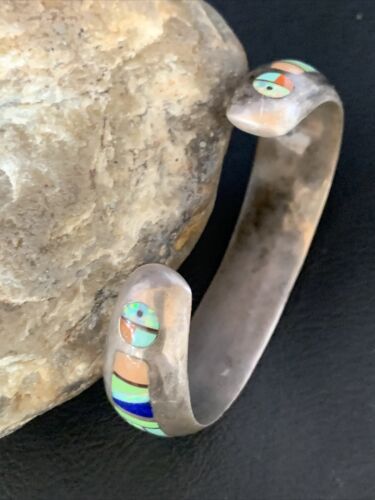 Old Pawn Navajo Turquoise Gaspeite Lapis Inlay Bracelet | Sterling Silver | Authentic Native American Handmade | 14160