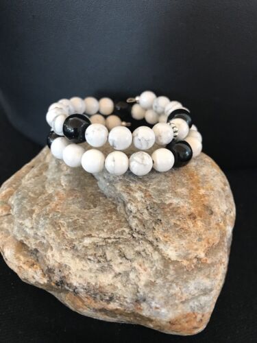 Navajo White Howlite Turquoise Onyx Bead Bracelet | Sterling Silver | Authentic Native American Handmade