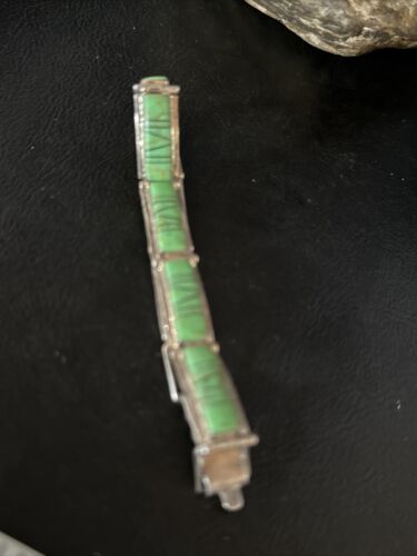 Native American Women's Green Gaspeite Inlay Link Bracelet | Sterling Silver | 7.5" | 14270