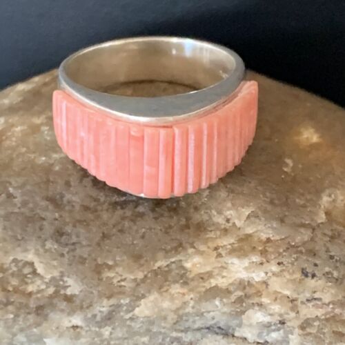 Navajo Pink Coral Inlay Band Ring | Sz 7 | Authentic Native American Handmade | 12411