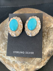 Navajo Clip-On Earrings Women's Nugget Sterling Silver Blue Turquoise 13373