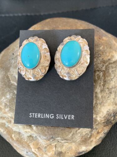 Native Clip-on Earrings Womens Nugget Sterling Silver Blue Turquoise 13373