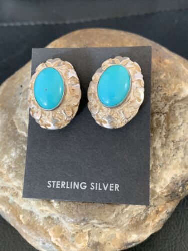 Southwestern Women's Blue Turquoise Nugget Earrings | Sterling Silver | Authentic Native American Handmade | 13012