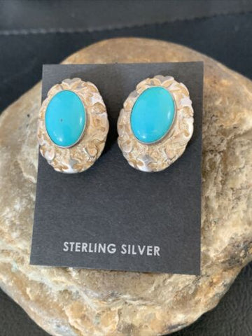 Navajo Clip-On Earrings Women's Nugget Sterling Silver Blue Turquoise 13373