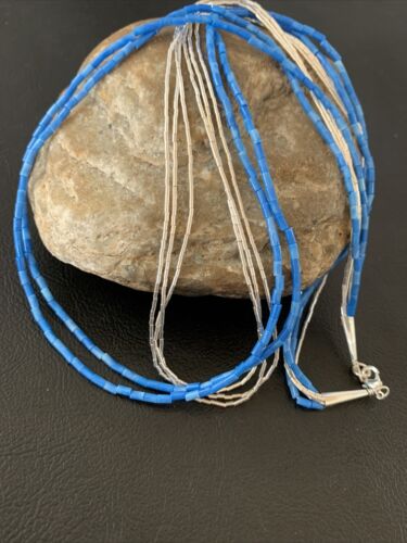 Navajo Denim Lapis Tube Beads Necklace | 5-Strand Liquid Silver Heishi | Sterling Silver | 02179 - Masha USA