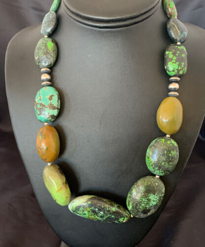 Navajo Sterling Silver Graduated Green Nugget Turquoise Necklace | Authentic Native American | 21" | 10726