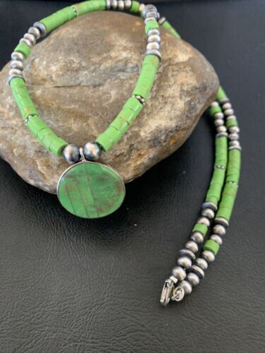 Navajo Green Gaspeite Turquoise Pendant | Sterling Silver | Authentic Native American Handmade | 12344