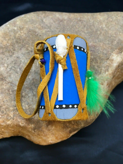 Handmade Miniature Leather Drum Car Charm | 2" Mirror Dangler | Authentic Native American | 8926