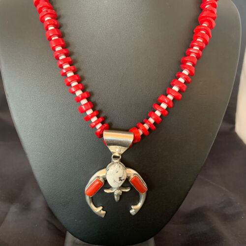 Navajo White Buffalo Turquoise Coral Naja Pendant | Sterling Silver | Authentic Native American Handmade | 10253