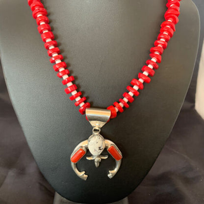 Navajo White Buffalo Turquoise Coral Naja Pendant | Sterling Silver | Authentic Native American Handmade | 10253