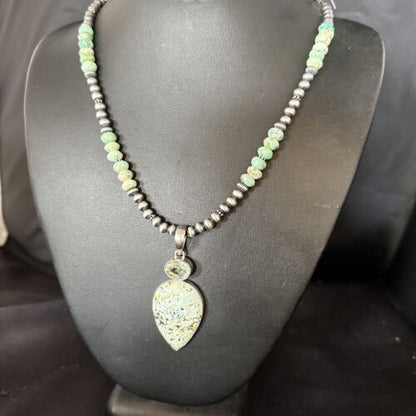 Navajo Sea Green Turquoise Pendant Necklace | Sterling Silver | 21" | Authentic Native American Handmade | 14475
