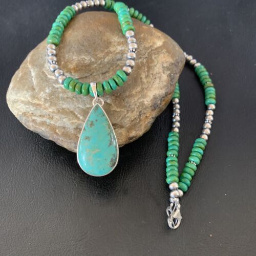 Navajo Pearls Green Turquoise Pendant Necklace | Sterling Silver Beads | Authentic Native American Handmade | 13308