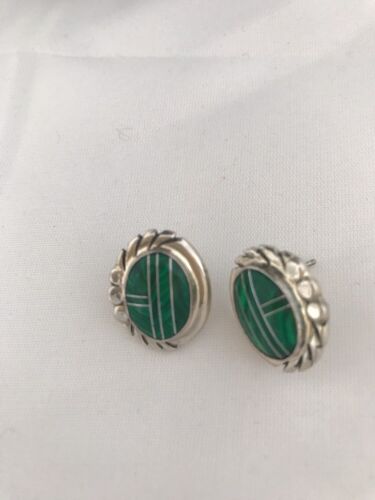 Navajo Green Malachite Inlay Earrings | Sterling Silver | Authentic Native American Handmade | 1987
