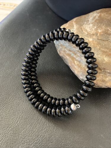Memory Wire Stainless Steel Black Onyx Bead Bracelet | Sterling Silver | Native American Handmade | 01958
