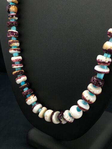 Navajo Purple Spiny Oyster & Turquoise Bead Necklace | Sterling Silver | Authentic Native American Handmade | 22" | 2617