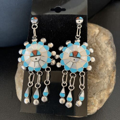 Zuni Sun Face Kingman Turquoise White Mother of Pearl Dangle Earrings | Sterling Silver | 12125