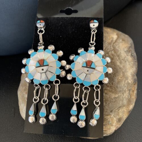 Zuni Sun Face Kingman Turquoise White Mother of Pearl Dangle Earrings | Sterling Silver | 12125