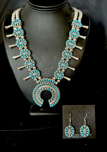 Navajo Dual Side Blue White Buffalo Turquoise Squash Blossom Necklace | Sterling Silver | 14457