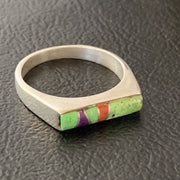 Southwestern Navajo Green Gaspeite Sugilite Red Coral Inlay Ring | Sz 7 | 02251