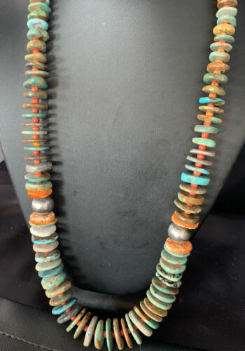Navajo Green Turquoise & Spiny Oyster Necklace | Sterling Silver | Authentic Native American | 26" | 13907