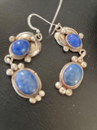 Native American Navajo Denim Lapis Dangle Earrings | Sterling Silver | 2" | 01681