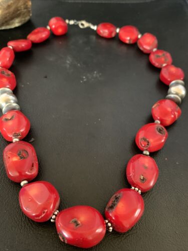 Navajo Red Coral Bead Necklace | Sterling Silver | Graduated | Authentic Native American | 21" | 13199