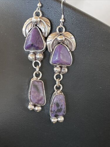 Navajo Purple Charoite Dangle Earrings | Sterling Silver | Authentic Native American Handmade | 1224