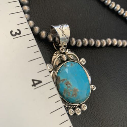 Men's Navajo Pearls Necklace with Blue Kingman Turquoise Pendant | Sterling Silver | Native American Handmade | 12596
