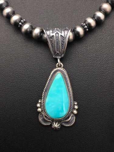 Navajo Blue Turquoise Pendant Necklace | Sterling Silver | Authentic Native American Handmade | 2641 - Masha USA
