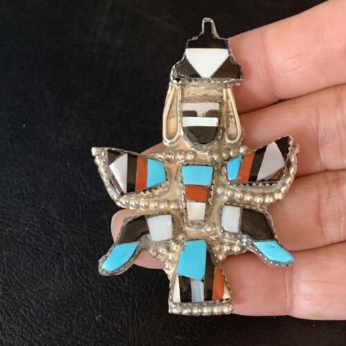 Authentic Native American Zuni Kachina Pin Pendant Necklace | Sterling Silver with Turquoise, Mother of Pearl & Onyx Inlay | 13687